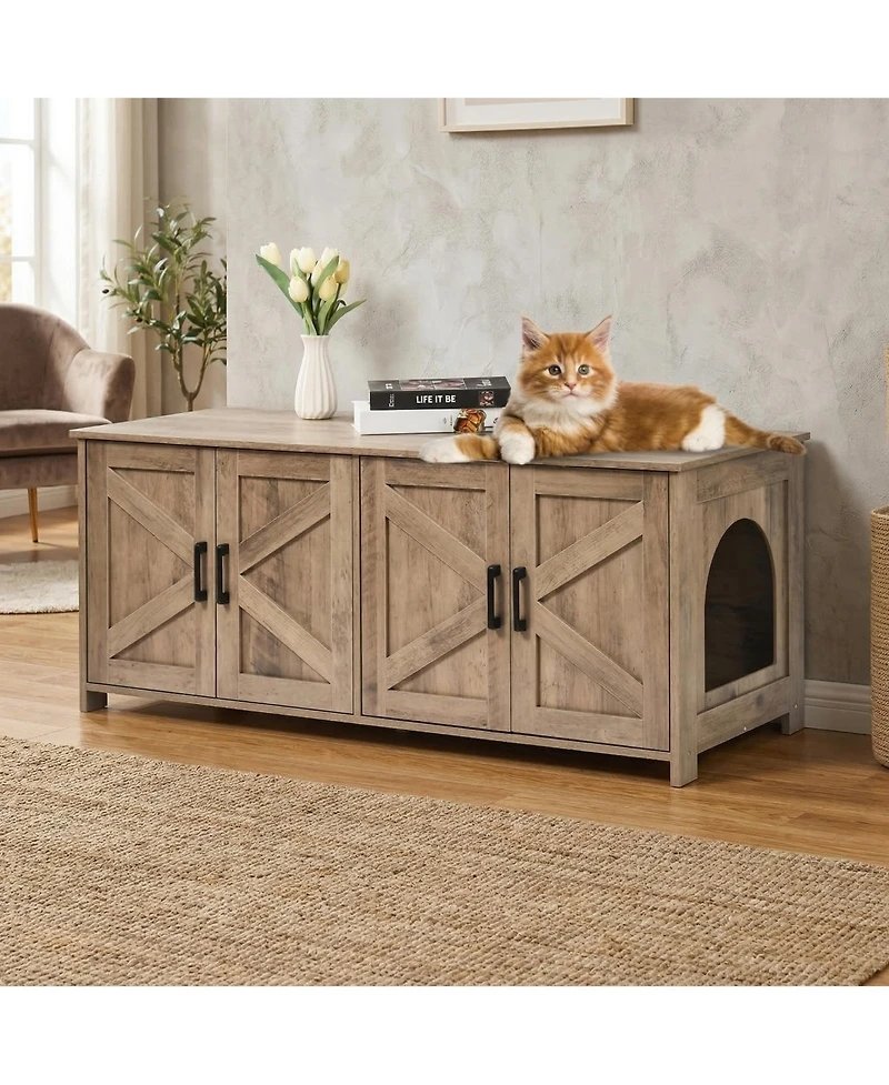 Zeus and Ruta Wooden Cat Litter Box Enclosure Hidden 2 Rooms Modern Litter Box Furniture Greige