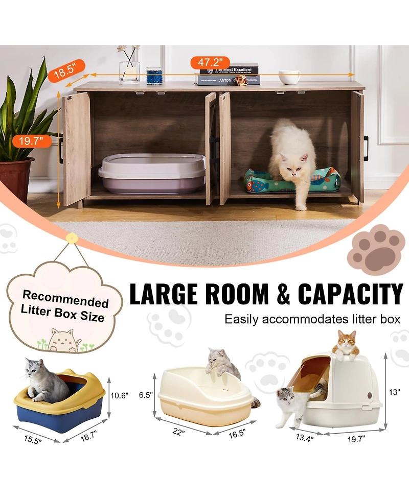 Zeus and Ruta Wooden Cat Litter Box Enclosure Hidden 2 Rooms Modern Litter Box Furniture Greige