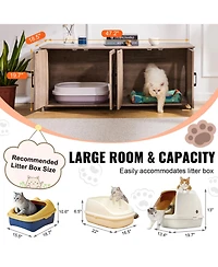 Zeus and Ruta Wooden Cat Litter Box Enclosure Hidden 2 Rooms Modern Litter Box Furniture Greige