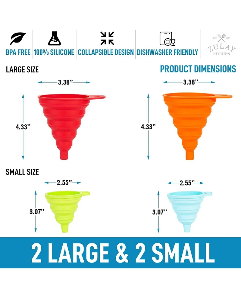 Zulay Kitchen Silicone Space Saving Collapsible Funnel Set With Narrow Mouth
