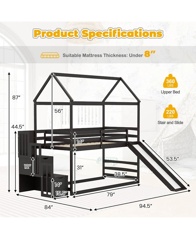 Gymax Loft Bed w/ Slide and Storage Staircase Twin Over Twin House-shaped Bunk Bed