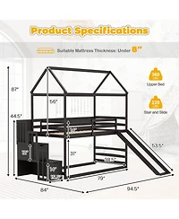 Gymax Loft Bed w/ Slide and Storage Staircase Twin Over Twin House-shaped Bunk Bed