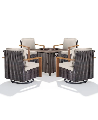 Gymojoy 5-piece patio set with 4 swivel rattan chairs, thick cushions, and a 30-inch propane fire pit table for cozy outdoor gatherings.
