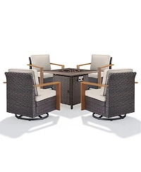 Gymojoy 5-piece patio set with 4 swivel rattan chairs, thick cushions, and a 30-inch propane fire pit table for cozy outdoor gatherings.