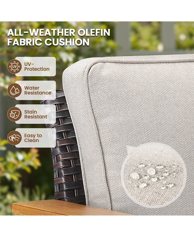 Gymojoy 5-piece patio set with 4 swivel rattan chairs, thick cushions, and a 30-inch propane fire pit table for cozy outdoor gatherings.