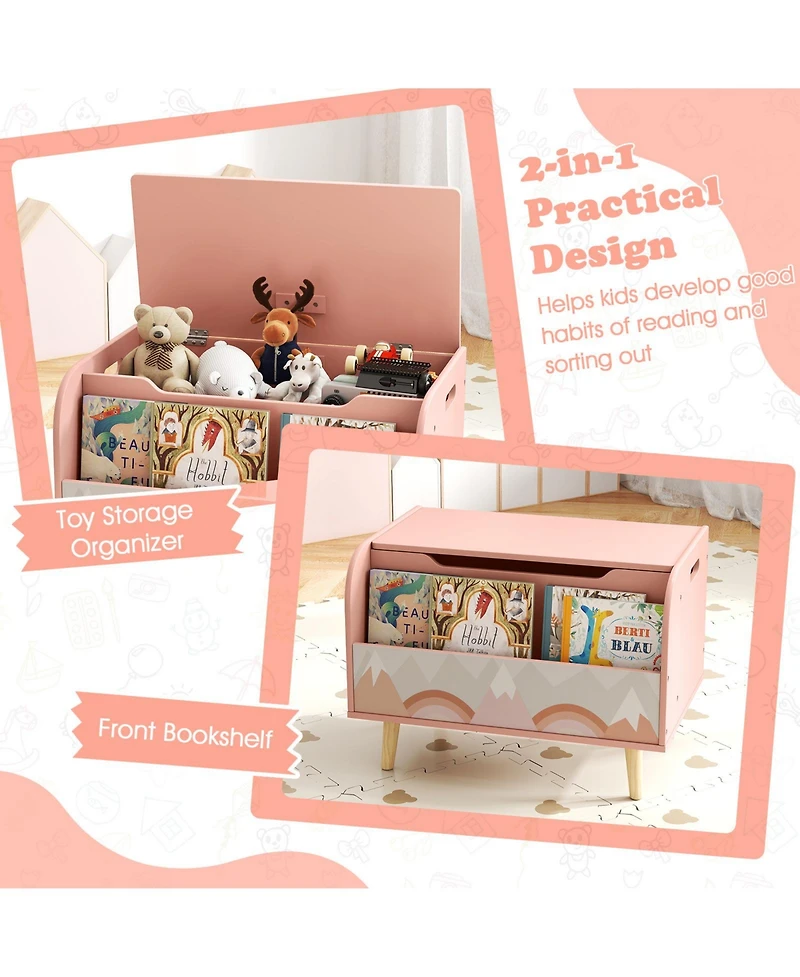 Sugift Kids Wooden Toy Box with Front Bookshelf and Solid Wood Legs