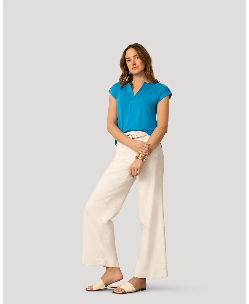 Cable & Gauge Women's Split Neck Sleeve Tab Top