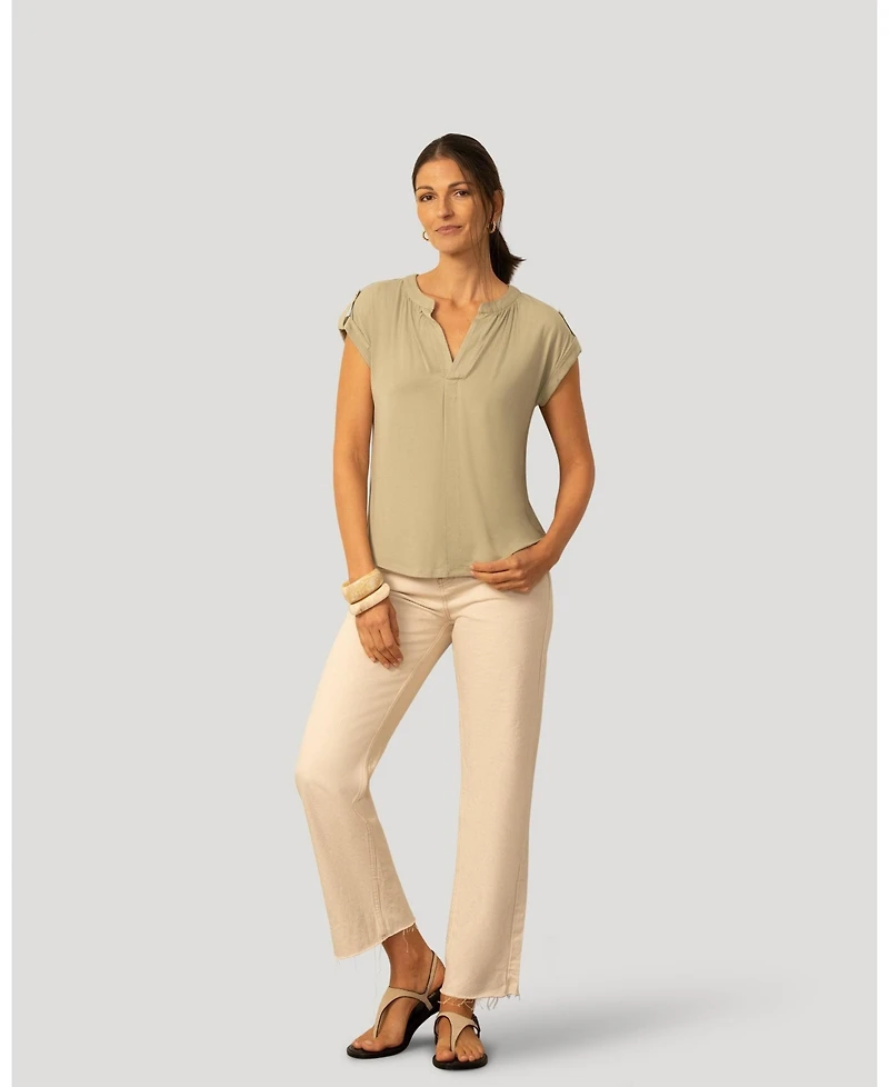 Cable & Gauge Women's Split Neck Sleeve Tab Top