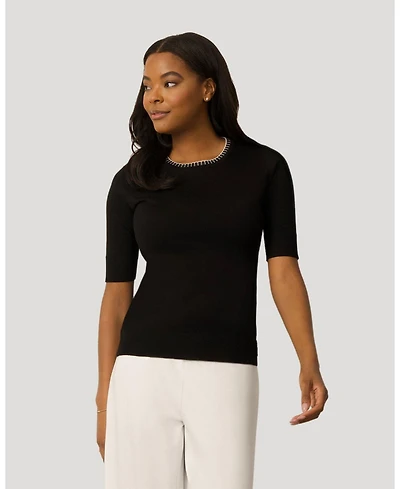 Cable & Gauge Women's Elbow Sleeve Pick Stitch Trim Sweater