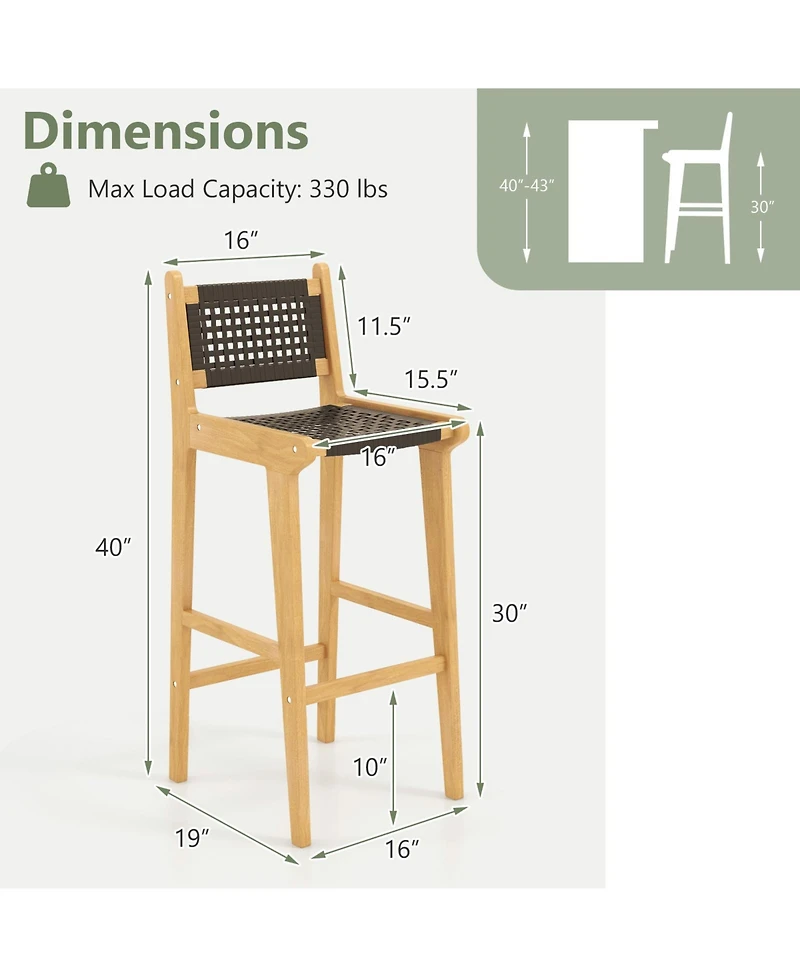 Sugift 30 in Rattan Teak Wood Bar Stool with Backrest and Footrest