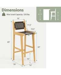 Sugift 30 in Rattan Teak Wood Bar Stool with Backrest and Footrest