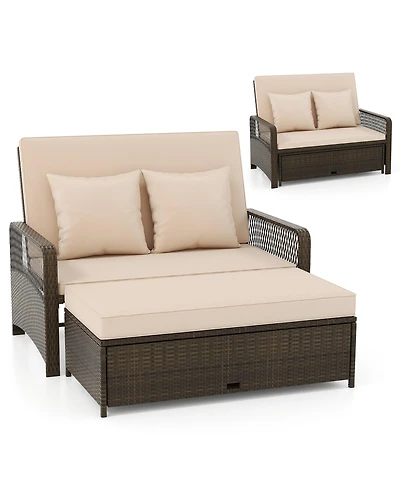 Gymax Patio Rattan Daybed Wicker Loveseat Sofa w/ Multifunctional Ottoman