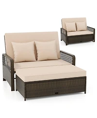 Gymax Patio Rattan Daybed Wicker Loveseat Sofa w/ Multifunctional Ottoman
