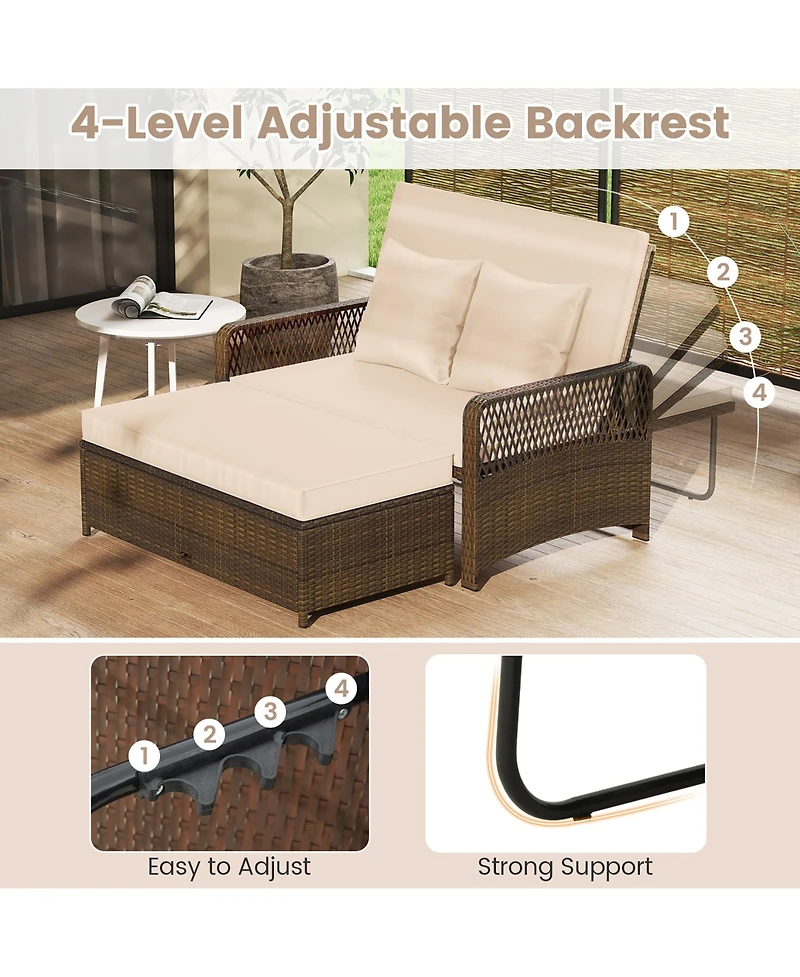 Gymax Patio Rattan Daybed Wicker Loveseat Sofa w/ Multifunctional Ottoman