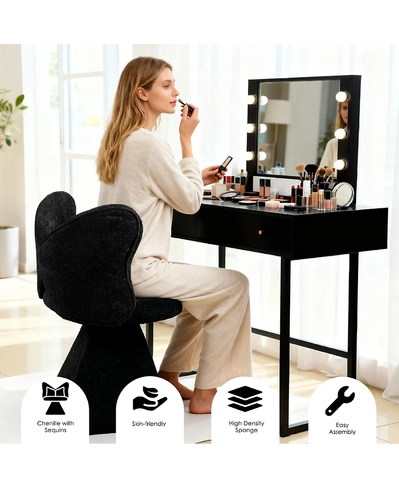 Rainsken Accent Chair with Butterfly Back, 360° Swivel Vanity Chair, Chenille Makeup Chairs with Sturdy Pyramid Base for Living Room, Bedroom
