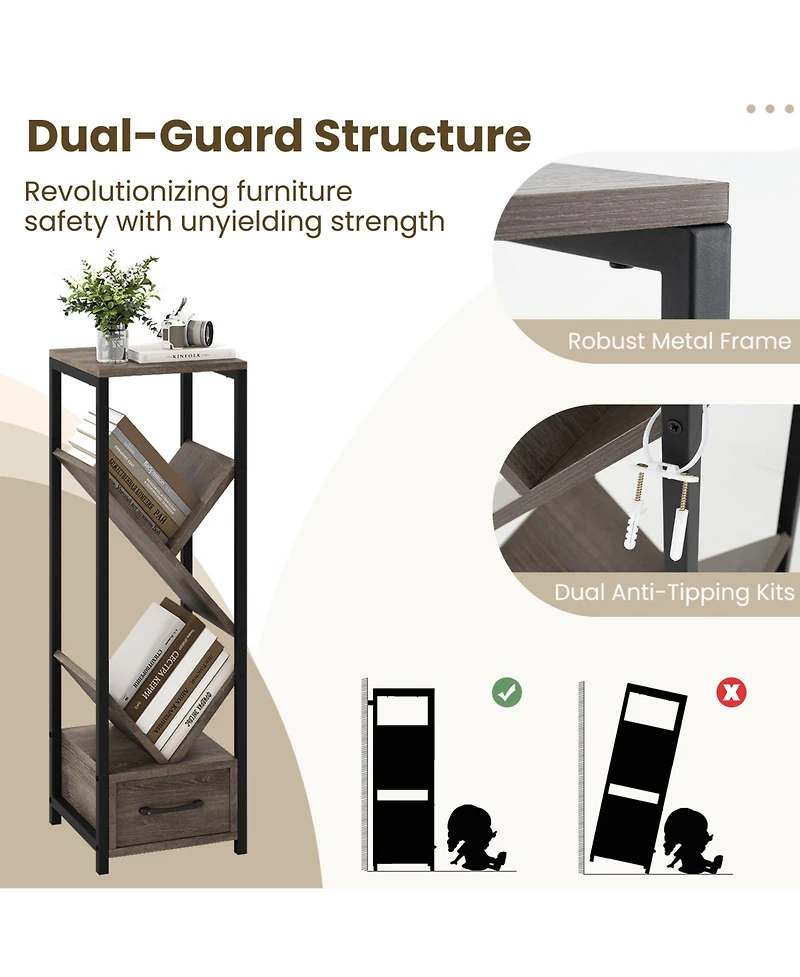 Slickblue 4 Tier Floor Tree Bookshelf with Drawer and Metal Frame