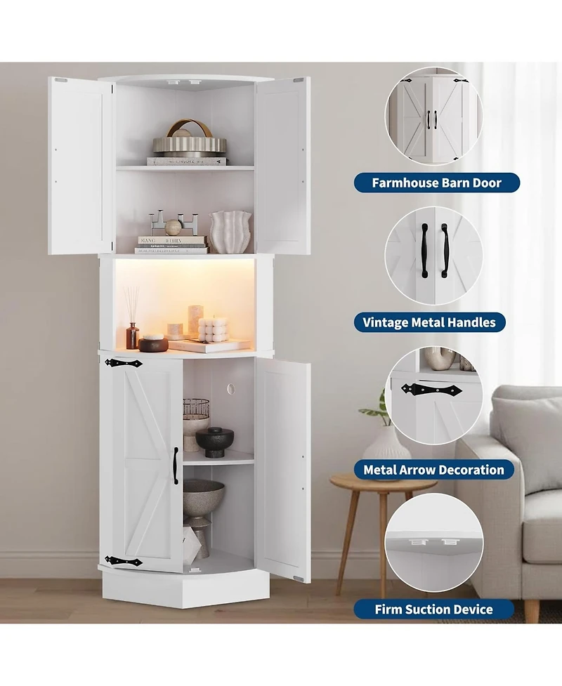 gaomon 64.6" Farmhouse Corner Cabinet with Led Light, Tall Bathroom Cabinet with 4 Barn Doors and 5 Tier Shelves, Freestanding Corner Bar Cabinet