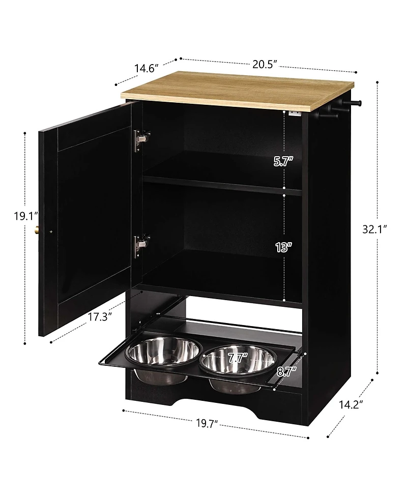 Aostirmotor Black Pet Feeding Station with Storage Cabinet and 2 Elevated Dog Bowls, Anti-Tip Design