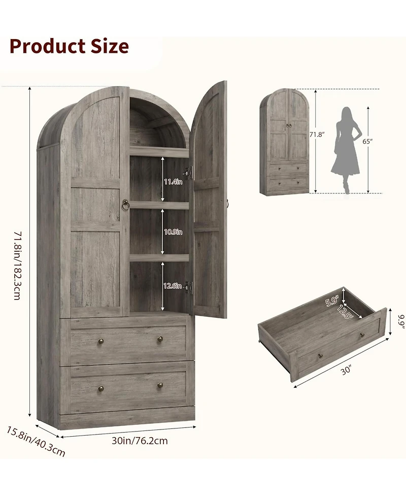 gaomon 72" Tall Arched Kitchen Pantry Cabinet Farmhouse Wooden Storage with 2 Drawers & Wood Doors Freestanding Buffet Sideboard