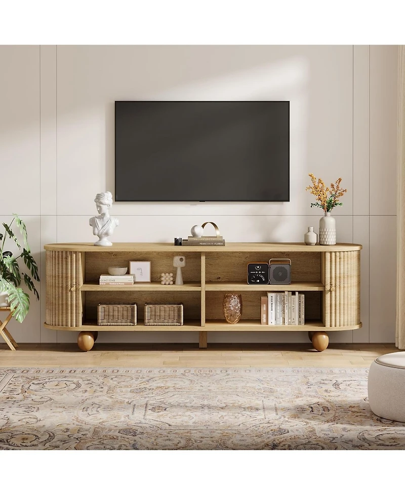 Tribesigns Farmhouse Fluted Tv Stand with Storage Shelves and Sliding Doors, 70" Extra Long Media Console for TVs up to 65+ Inches