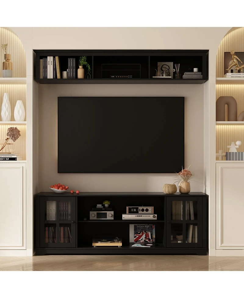 Famapy Tv stand with top cabinets, entertainment center tempered glass doors, wooden media console