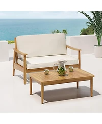 Flynama Minimalistic Acacia Wood Patio Loveseat and Coffee Table Set with Cushion for Garden Backyard Porch Poolside