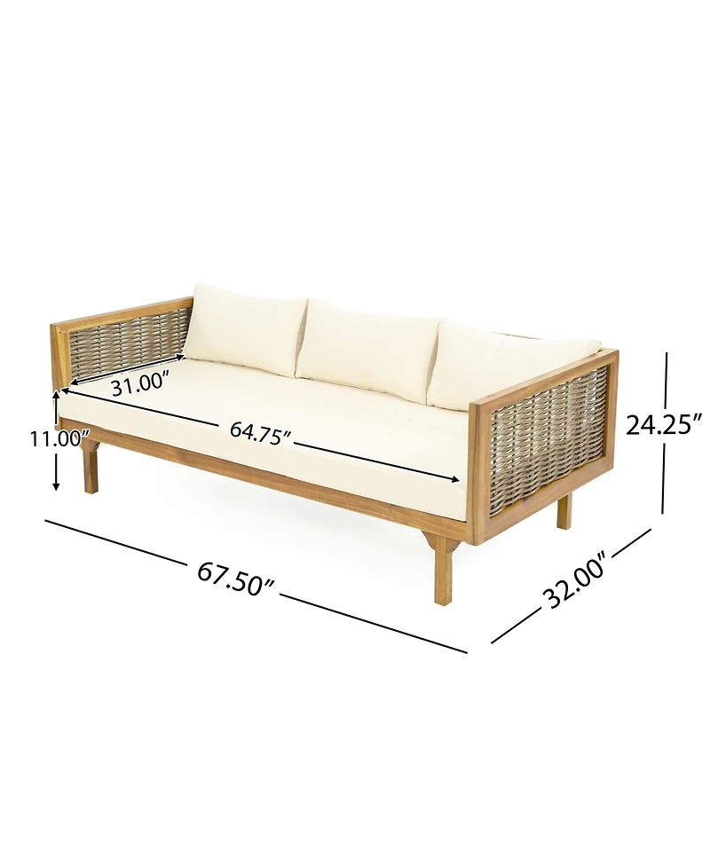 Flynama Weather Resistant Wicker Patio Conversation Set with Acacia Wood Coffee Table Water Resistant Thick Beige Cushions for Garden Patio Deck