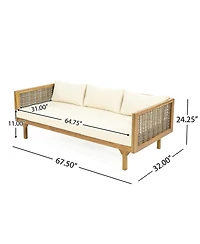 Flynama Weather Resistant Wicker Patio Conversation Set with Acacia Wood Coffee Table Water Resistant Thick Beige Cushions for Garden Patio Deck