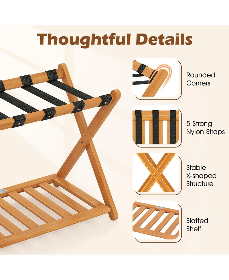 Sugift Set of Two Folding Luggage Racks with Straps and Shelf