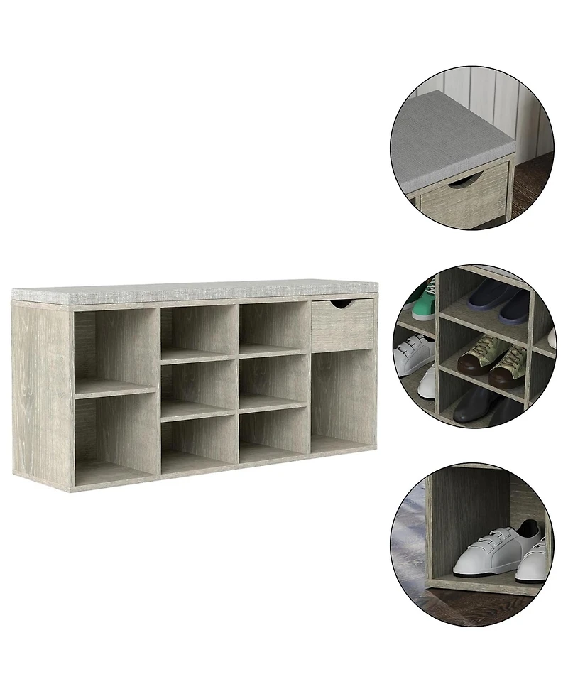Rainsken Entryway Shoe Bench with Padded Cushion, Open Compartments and Drawer, 3-Layer Shoe Rack for Hallway