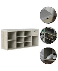 Rainsken Entryway Shoe Bench with Padded Cushion, Open Compartments and Drawer, 3-Layer Shoe Rack for Hallway