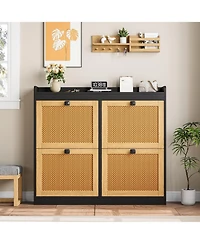 Homfan Shoe Cabinet Rattan with 4 Flip Drawers, Wooden Freestanding Organizer Adjustable Shelves, Storage for Entryway, Closet, Hallway