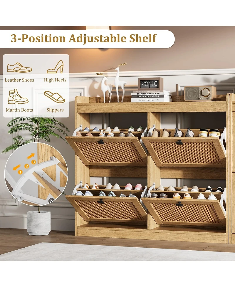 Homfan Wooden Rattan Shoe Cabinet with 4 Flip Drawers and Adjustable Shelves