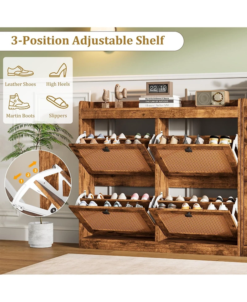 Homfan Rattan Wooden Shoe Cabinet with 4 Flip Drawers and Adjustable Shelves