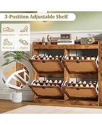 Homfan Rattan Wooden Shoe Cabinet with 4 Flip Drawers and Adjustable Shelves