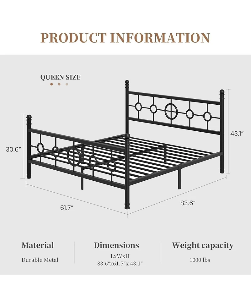 gaomon Metal Bed Frame with Vintage Circular Headboard and Footboard, Heavy-Duty Iron Platform Bed, No Box Spring Needed, Noise-Free Design