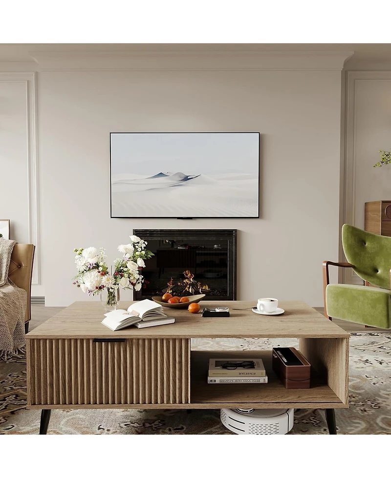 gaomon 41.34" Rectangular Coffee Table, 2-Tier Farmhouse Center Table with Sliding Door, Storage for Living Room, Bedroom