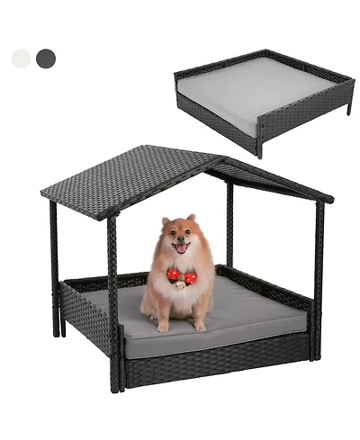 Ltmate Hand-Woven Rattan 2-in-1 Pet House & Elevated Bed with Removable Covers