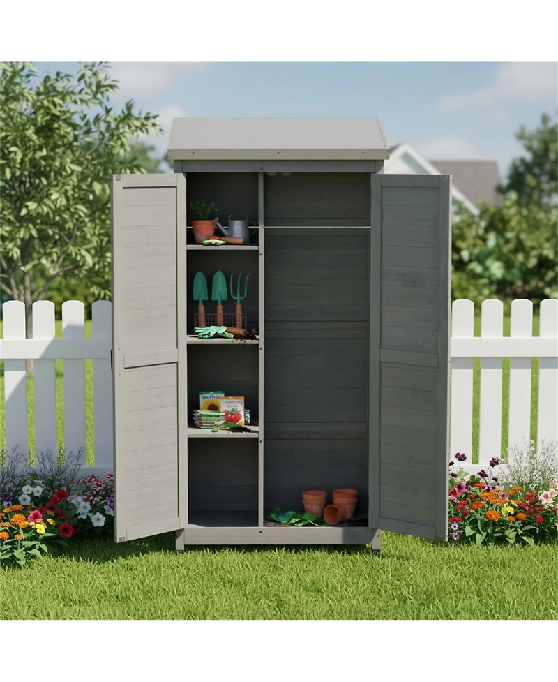 Clihome Outdoor Wooden Storage Shed with Metal Top Tall Vertical Tool Cabinet for Backyard Garden