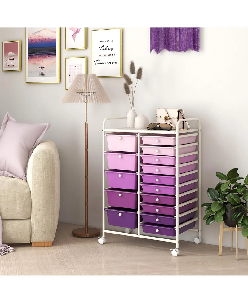 Sugift Fifteen Drawer Utility Rolling Storage Cart for Multi Use