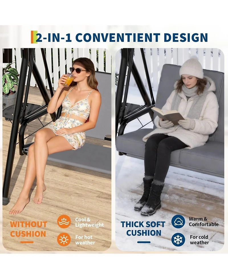 gaomon Adjustable 2-in-1 Outdoor Patio Swing Chair with Canopy, 2-Seat Porch Swing, Cup Holders, Thick Removable Cushions