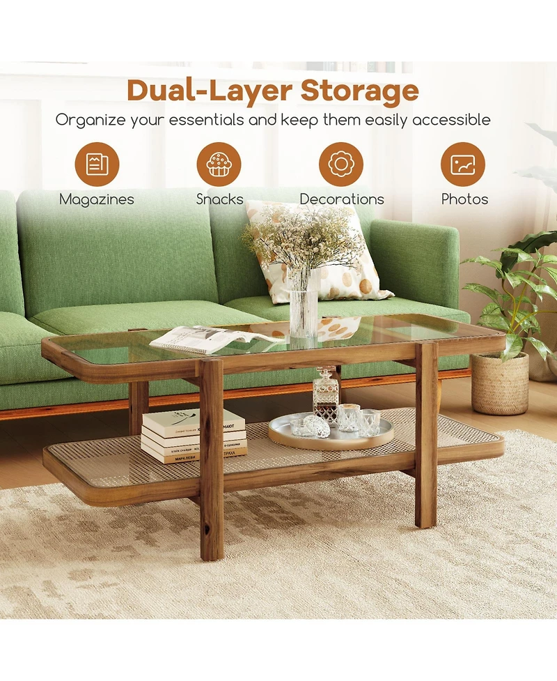 Sugift Two Tier Coffee Table with Storage and Glass Top