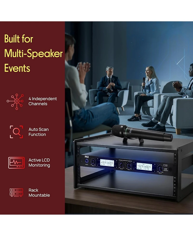 Pyle 4-Channel Wireless Microphone System with Handheld, Lavalier and Headset Mics PDWM4801