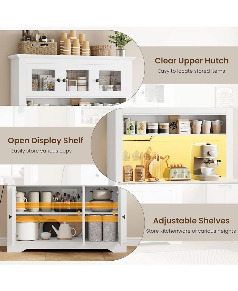 gaomon 68.7" Coffee Bar Cabinet with Led Light & Power Outlet, Farmhouse Kitchen Hutch 2 Storage Drawers, Wine Glass Rack, Adjustable Shelve