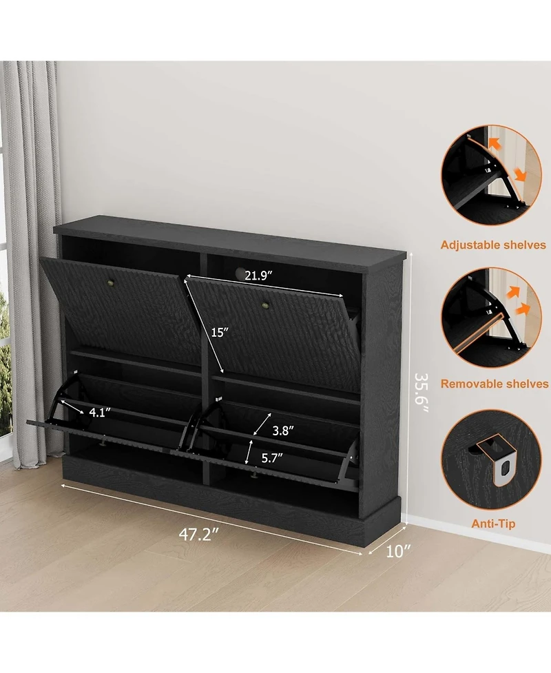 gaomon Fluted Shoe Cabinet with 4 Flip Drawers and Adjustable Removable Shelves, Freestanding Slim Organizer