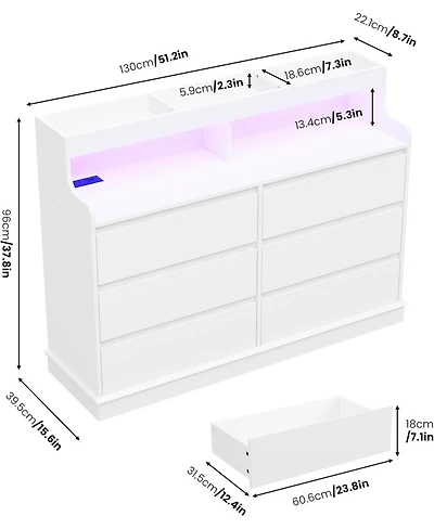 gaomon 6 Drawer Dresser with Led Lights and Charging Modern Large Capacity