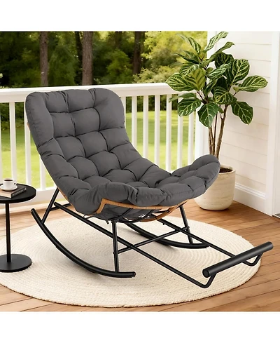 gaomon Papasan Rocking Chair with Removable Polyester Cushion, Extendable Footrest, Cozy Rattan Rocker for Porch, Lawn