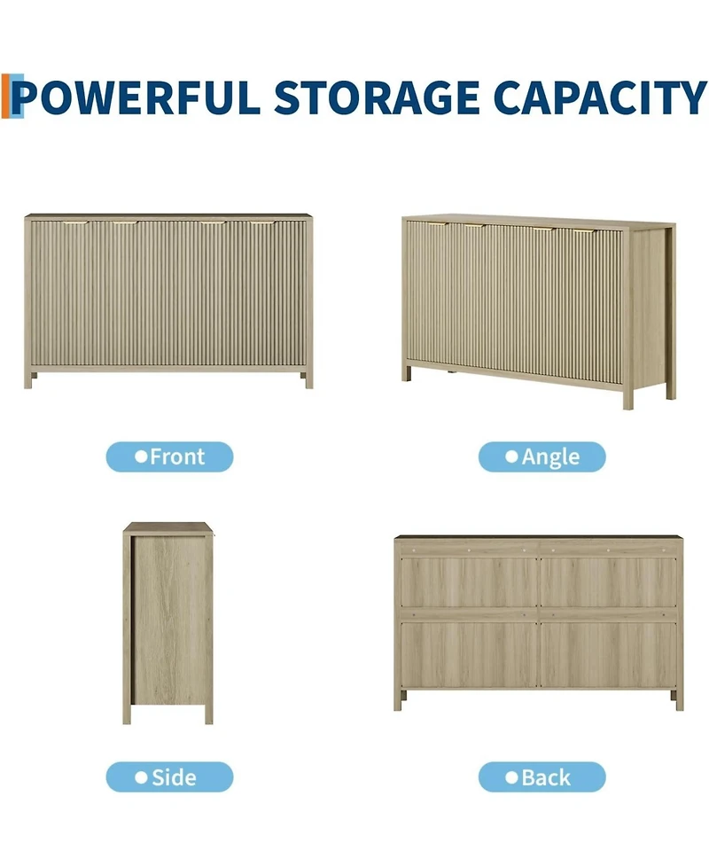 gaomon 55" Sideboard Buffet Cabinet with Storage, Wooden Fluted Storage Adjustable Shelves, Credenza Table Media Co