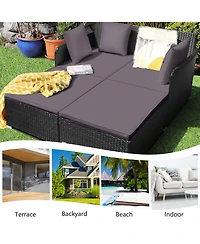 Gymax Rattan Patio Daybed Loveseat Sofa Yard Outdoor w/ Cushions Pillows