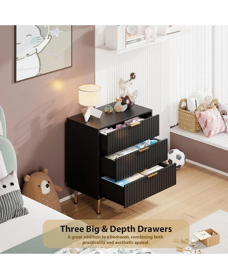 gaomon Fluted 3 Drawer Dresser Modern Chest with Deep Storage and Wide Top